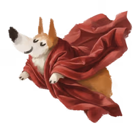 Corgi mascot flying in a red cape